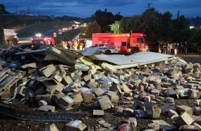 Parte de carga de embutidos é saqueada após carreta tombar na BR-282