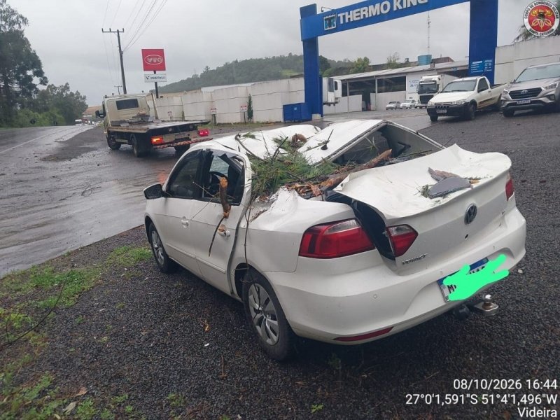 Carro é atingido por árvores que caíram durante temporal na região