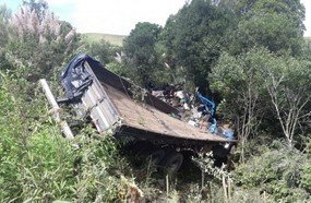 Duas pessoas ficam feridas após caminhão cair em barranco