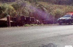 Motorista fica preso às ferragens ao tombar carreta na BR-282