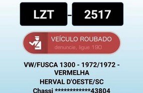 Recuperado em Joaçaba Fusca furtado no centro de Herval