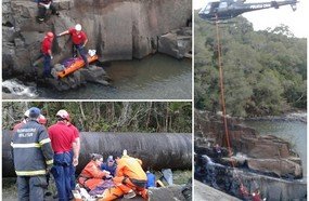 Helicóptero resgata homem de cachoeira em Ponte Serrada
