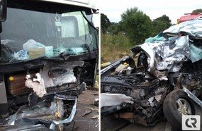 Colisão frontal entre carreta e caminhonete mata casal na BR-282