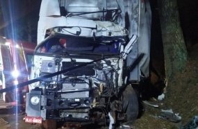 Colisão em árvore deixa motorista de caminhão preso às ferragens