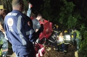 Bombeiros resgatam motorista de caminhão que caiu em ribanceira 