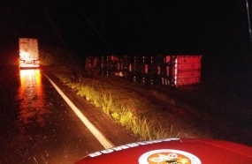 Motorista fica ferido após carreta tombar na BR-470 