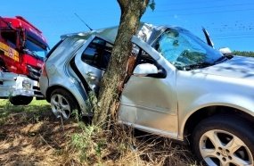 Gestante e criança são socorridas após carro colidir contra árvore 