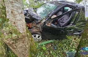 Colisão contra árvore deixa condutor de picape ferido na SC-150