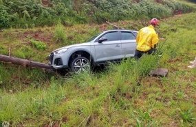 Carro sai da pista ao desviar de toras que caíram de caminhão julieta 