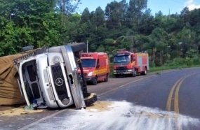 Caminhão não vence curva e tomba na BR-282 