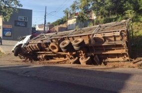 Caminhão carregado com frangos tomba no acesso a Seara 
