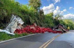Caminhão carregado com bebidas colide em barranco e deixa dois feridos