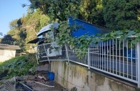 Caminhão colide em cerca de residência e fica entalado ao acessar rua errada 