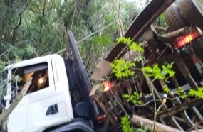 Motorista fica ferido após carreta com toras capotar em ribanceira 