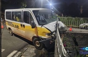 Van escolar com crianças sai da pista e atinge muro de residência