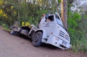 Trator agrícola cai de caminhão após veículo colidir contra árvore