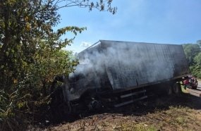 Caminhão pega fogo após sair da pista para evitar colisão na BR-153