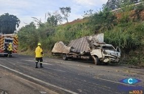 Caminhão carregado com sucatas fica destruído após colisão contra barranco