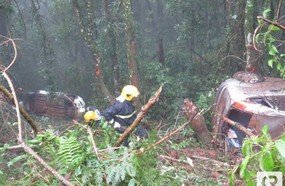 Veículos despencam em barranco após colidirem na BR-282 em Joaçaba
