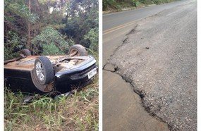 Casal capota veículo ao passar por asfalto que cedeu há quase um ano